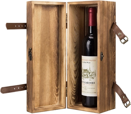 Vintage Brown Wood Single Bottle Gift Kotak Anggur Kayu Dengan Tali Kulit Buatan
